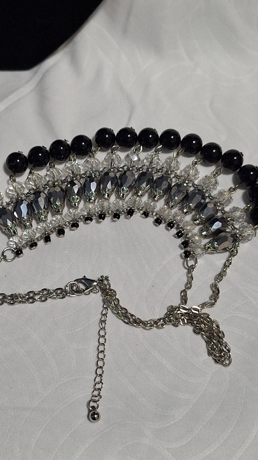 Silver Tone Bib Statement Necklace Clear Rhinestone Crystal & Black Bead Fringe