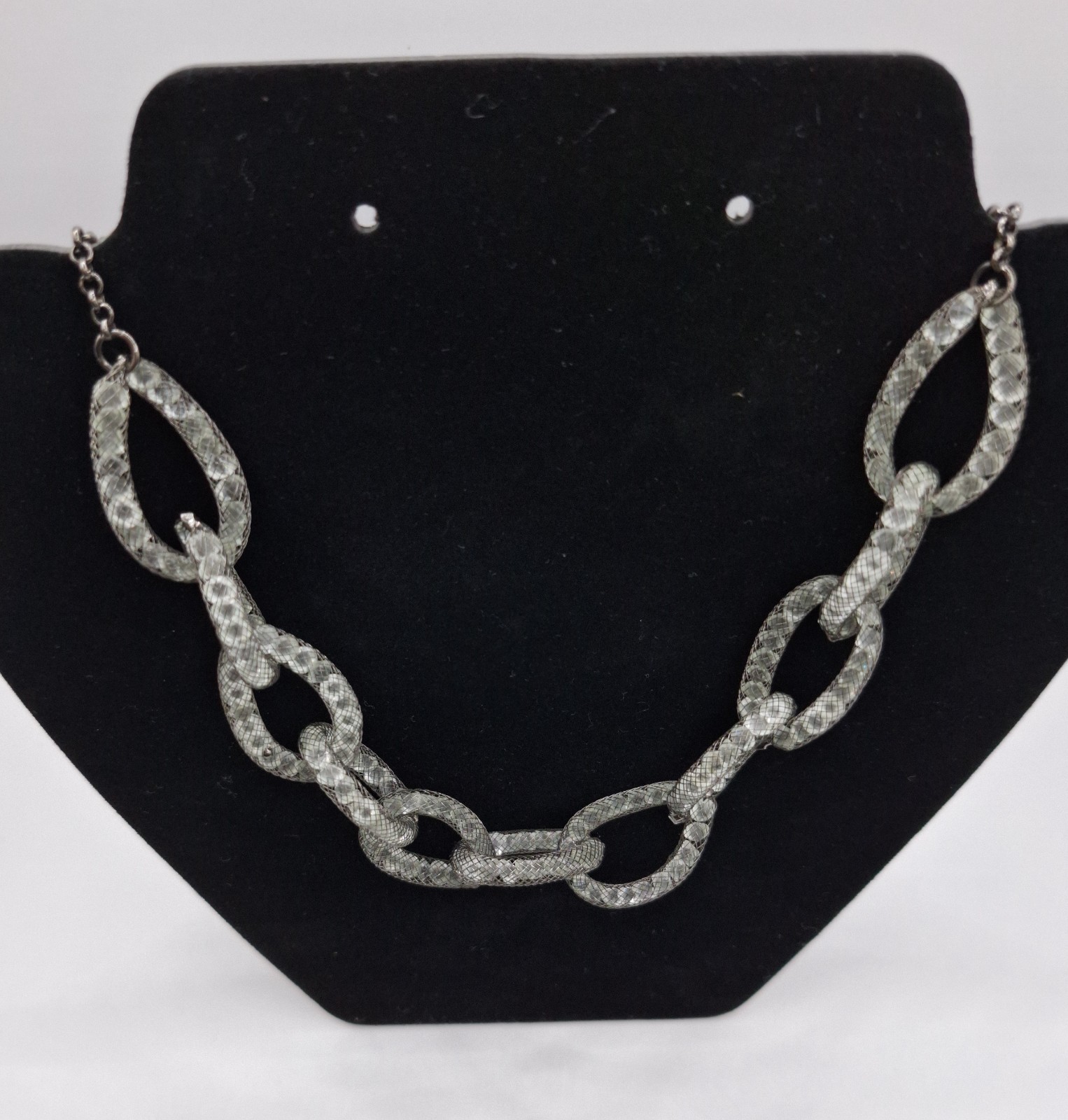 Black Mesh Tube Link Necklace Clear Rhinestone Bead Statement Jewelry