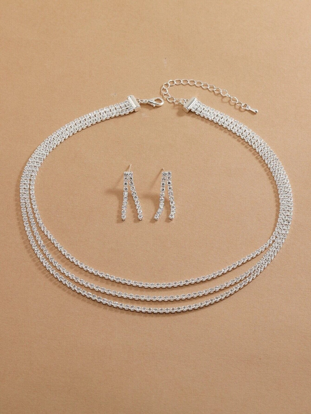 Bridal Rhinestone Crystal Multi Layer Necklace and Earrings 3 PC Jewelry Set
