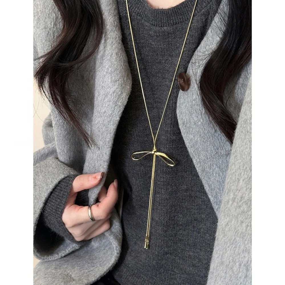 Gold Snake Chain Bow Necklace for Women Long Braided Sweater Chain Jewelery