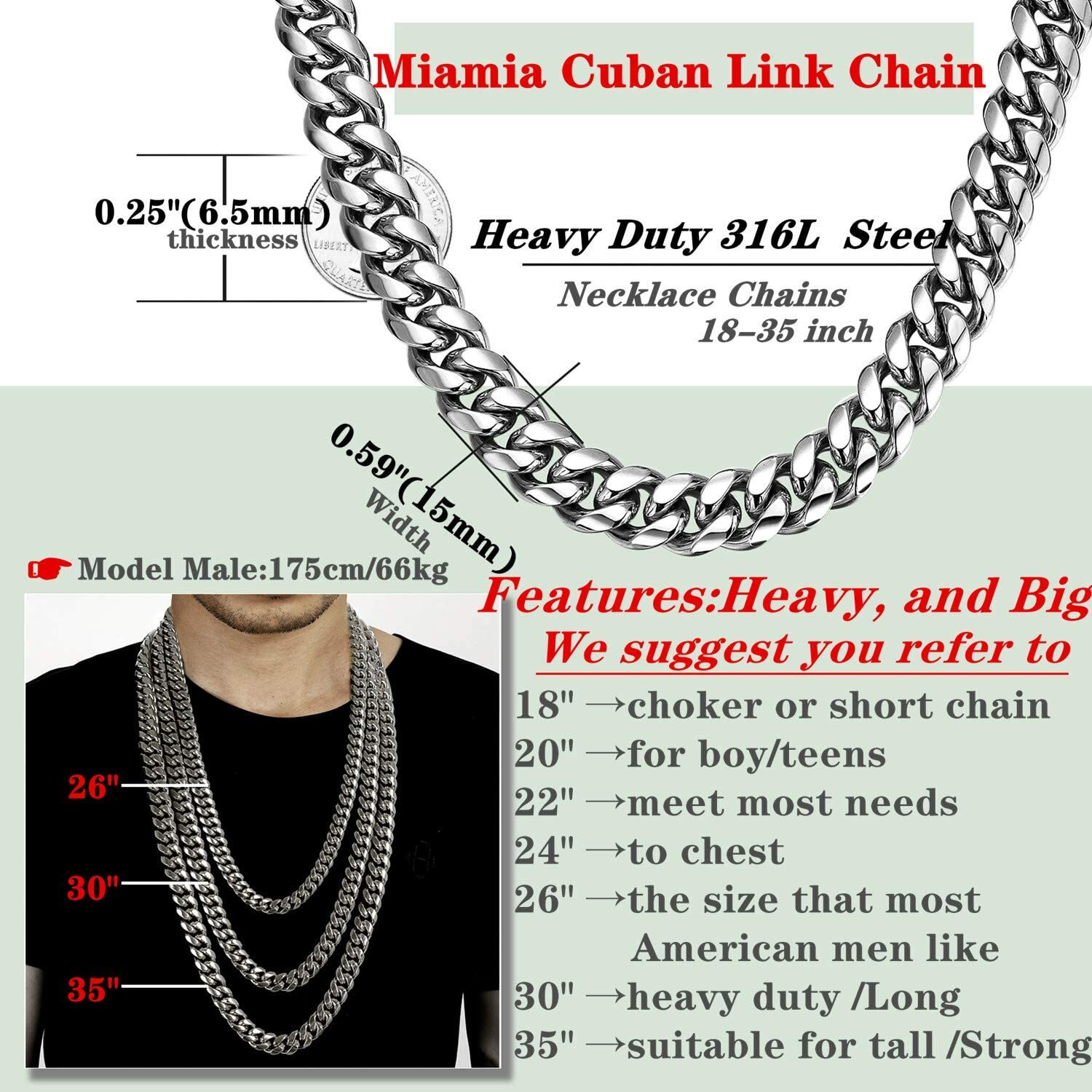 Large Heavy 316L Stainless Steel Miami Cuban Link Curb Necklace 14mm 18-30 inch