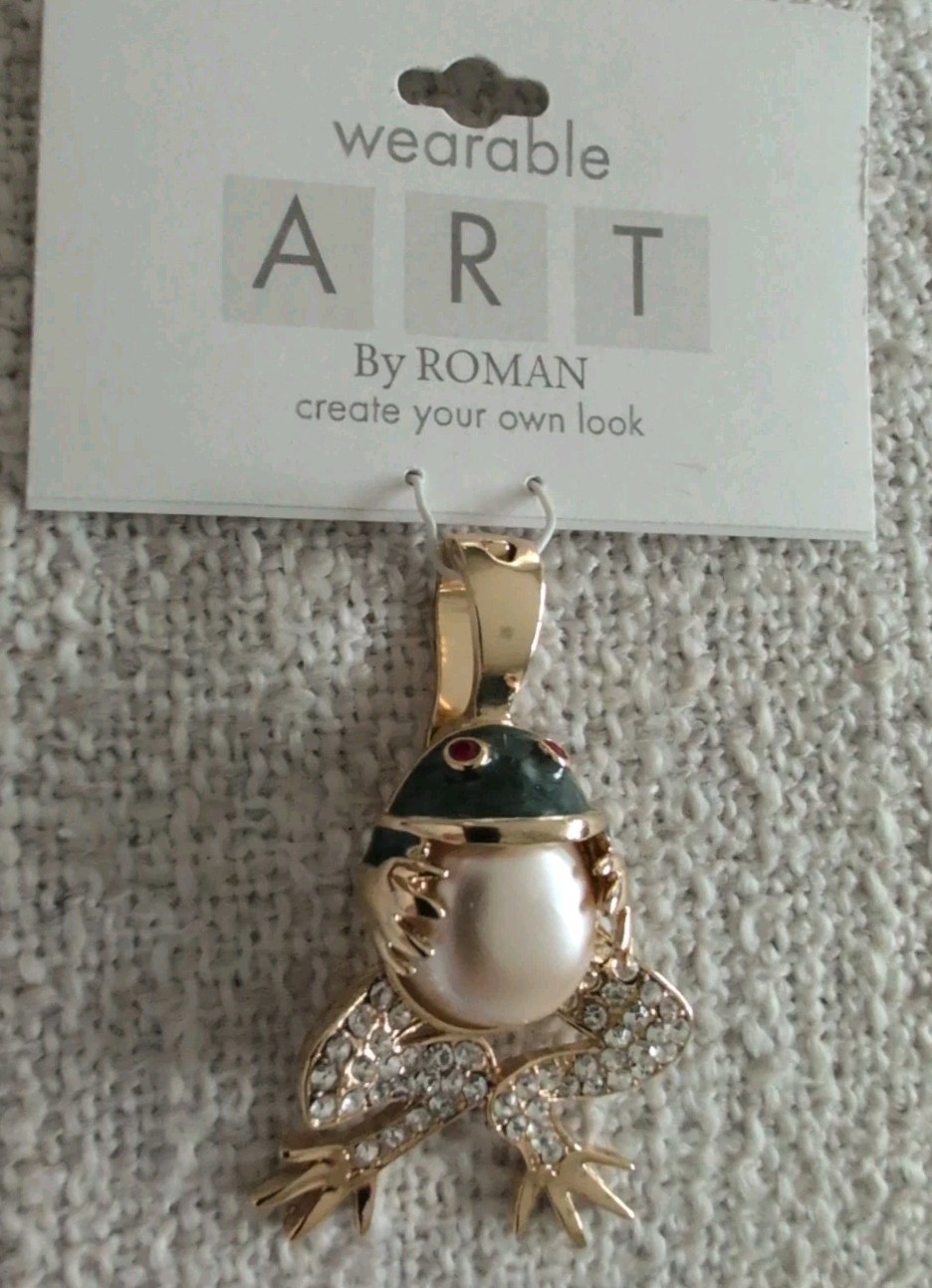 ROMAN WEARABLE ART FIGURAL FROG PENDANT FAUX PEARL BELLY RHINESTONES ENAMEL