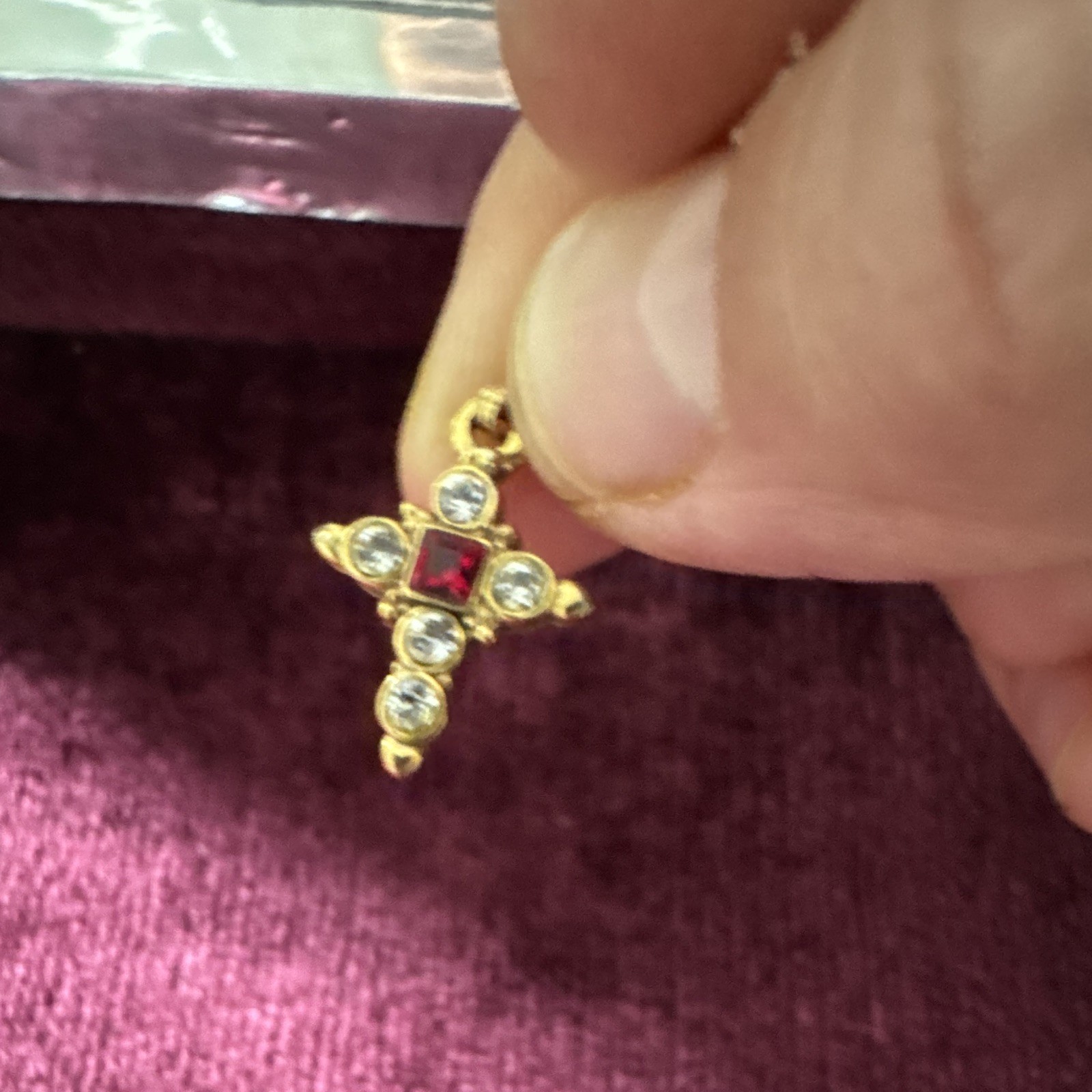 Vatican Library Signed Gold Tone Cross Charm Pendant Red Square Stone Clear
