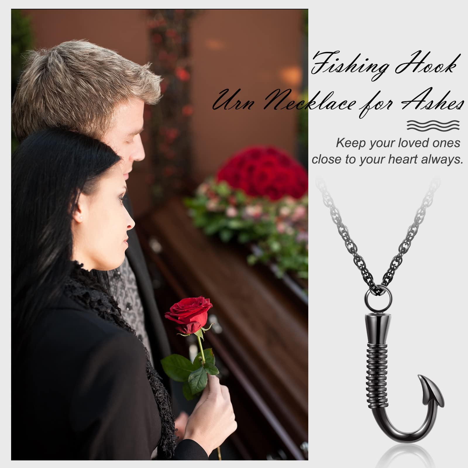 Set of 3 Fishing Hook Urn Necklace for Ashes Black Fish Hook Stainless Steel