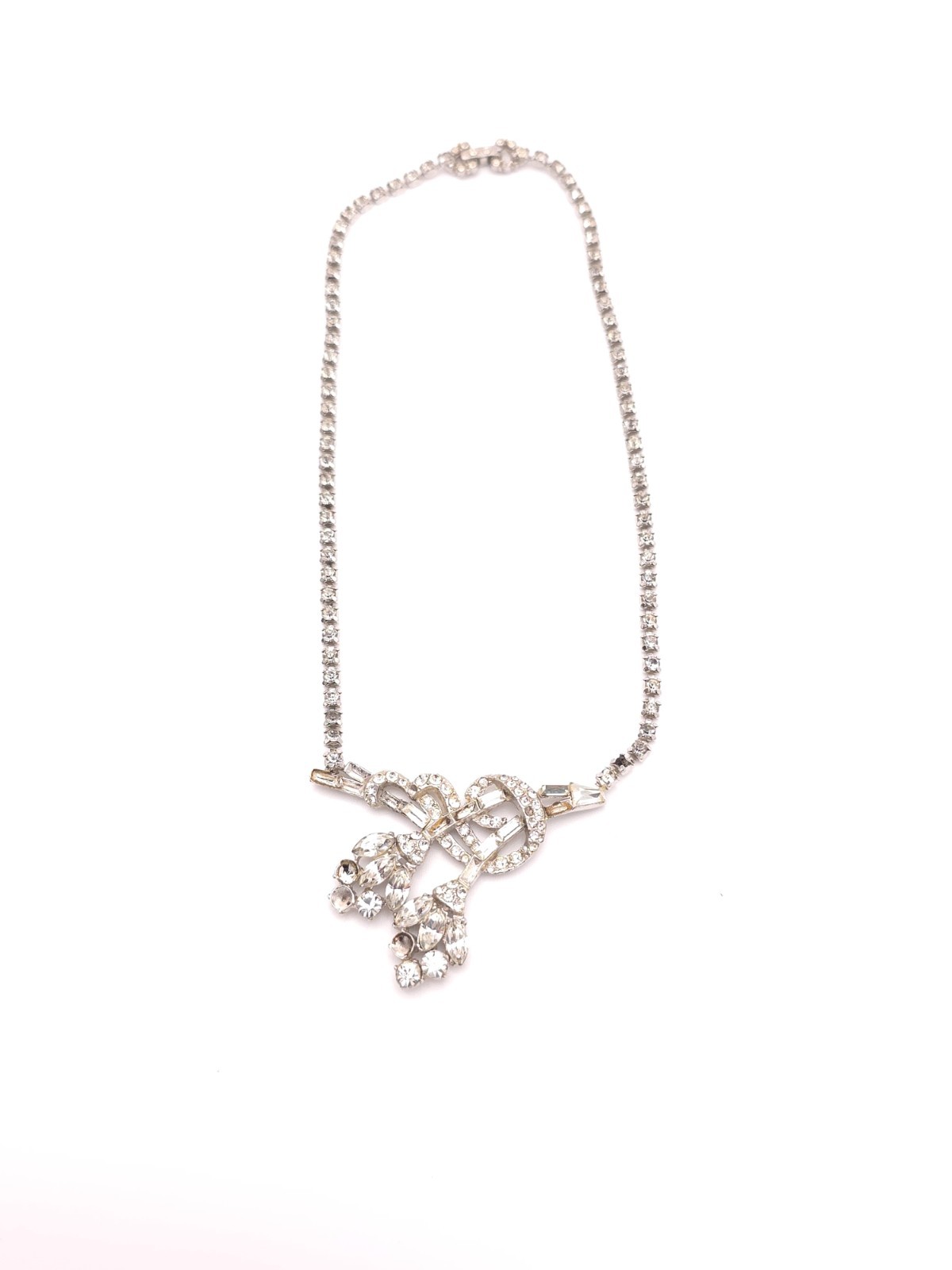 Vintage Silver Tone Rhinestone Bow Pendant Tennis Chain Necklace (Missing Stone)