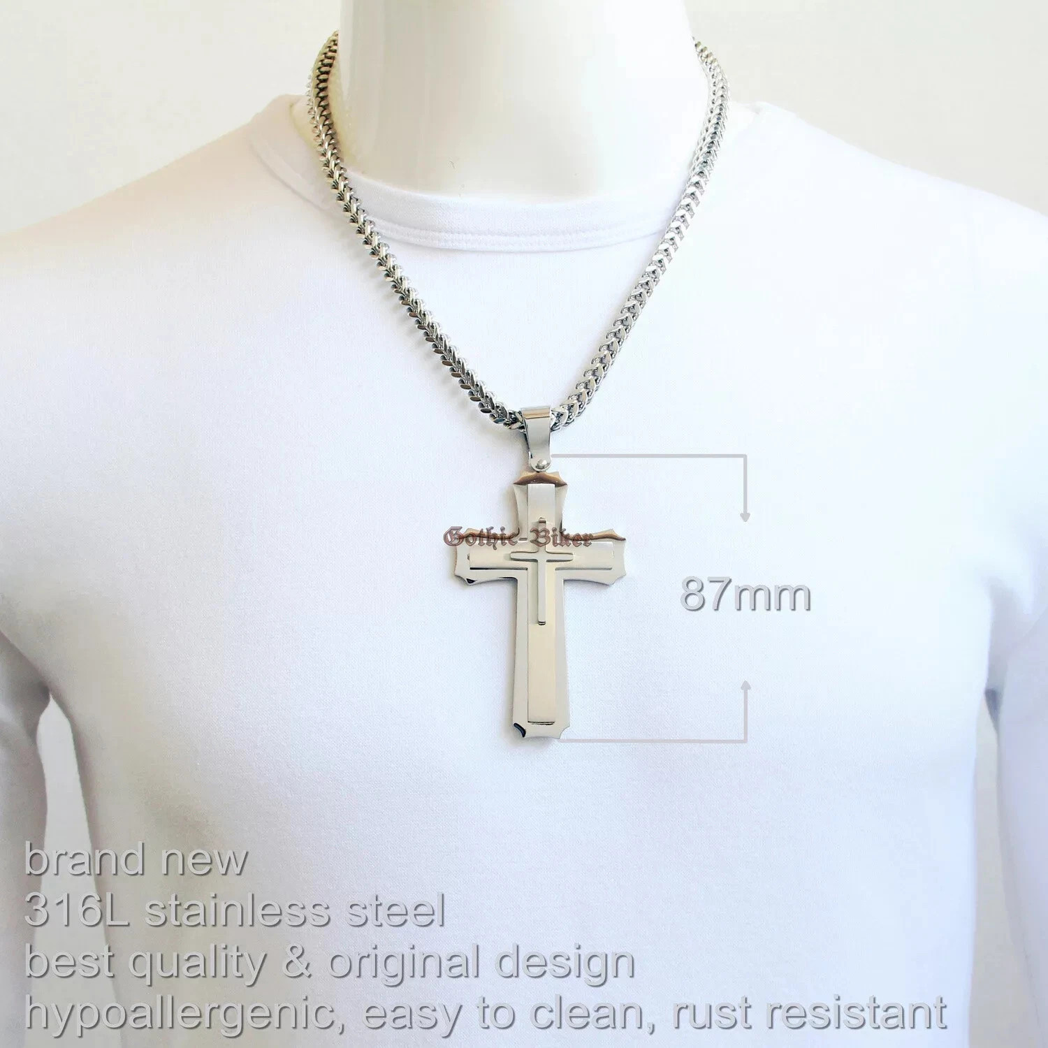 Huge Stainless Cross Men’s Necklace Pendant Heavy Large Silver Polished 3 Layer