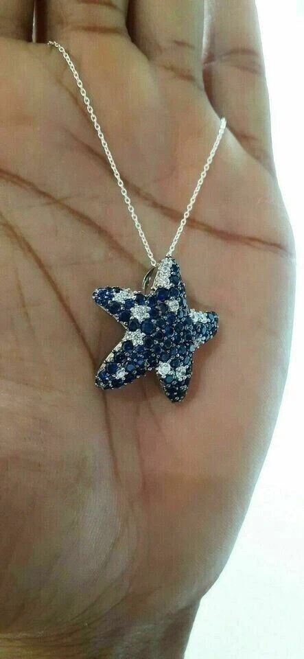 2.00Ct Round Cut Simulated Blue Sapphire Starfish Pendant 14K White Gold Plated