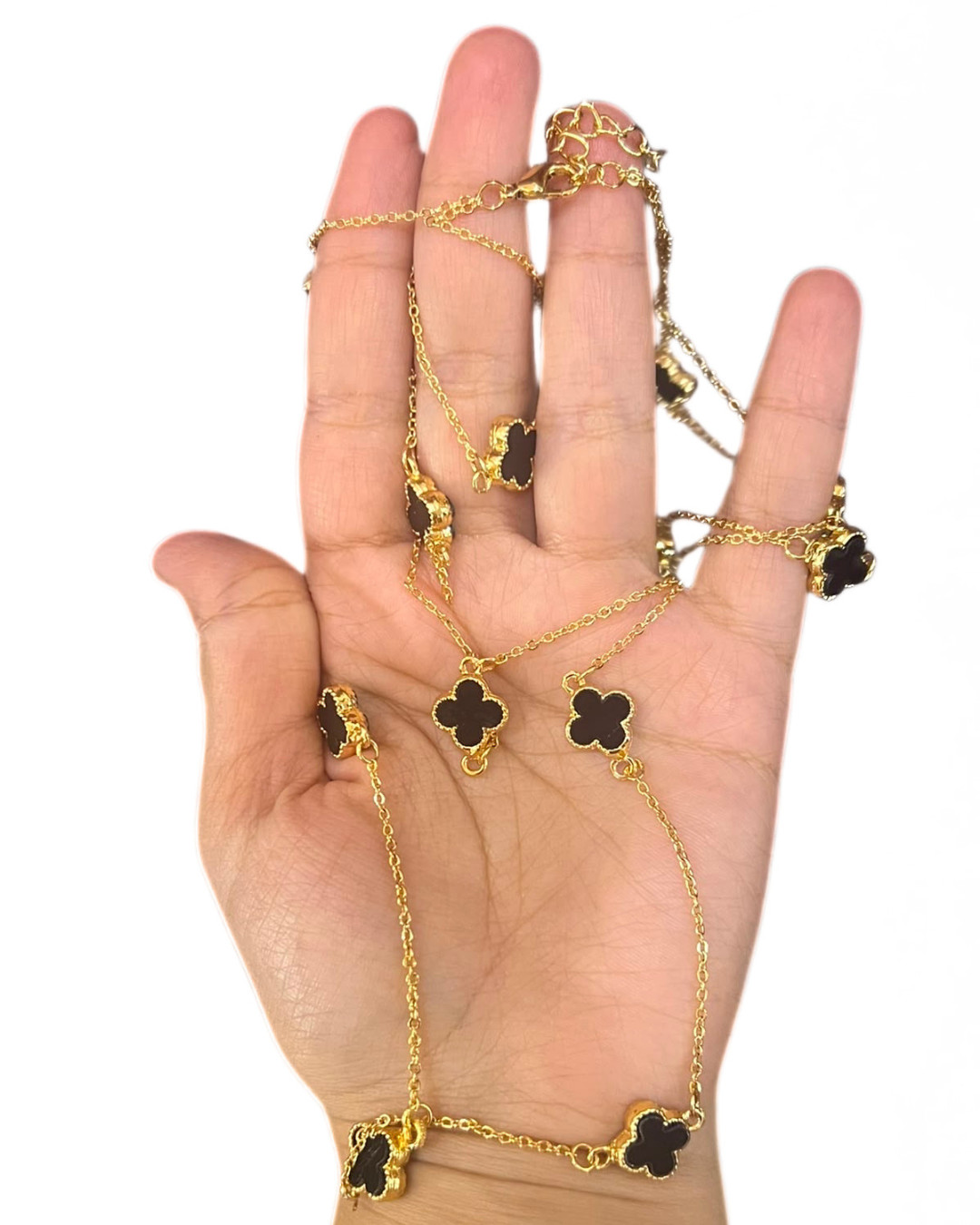 Gold Tone Clover Station Necklace 16 Black Motifs Long Layered Chain 65cm