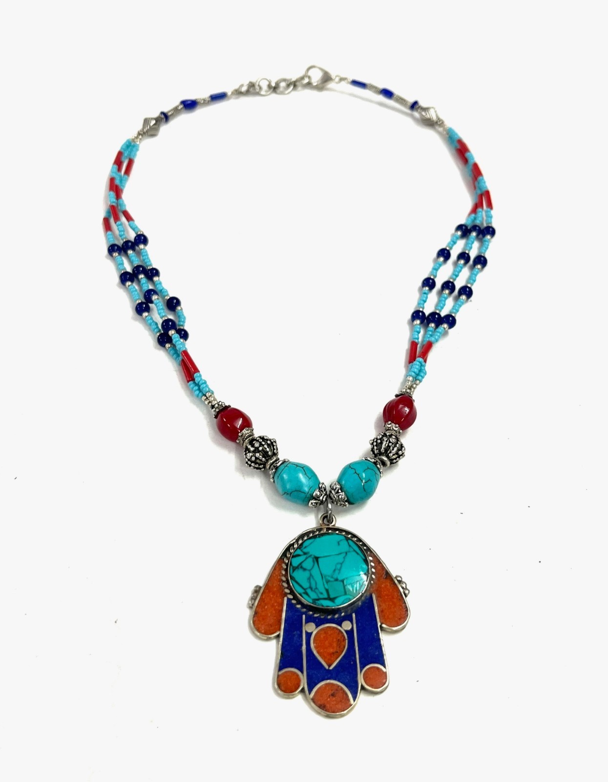 Turquoise Lapis Coral Gemstone Tibetan Pendant Necklace Jewelry, 18 Inc Adjs