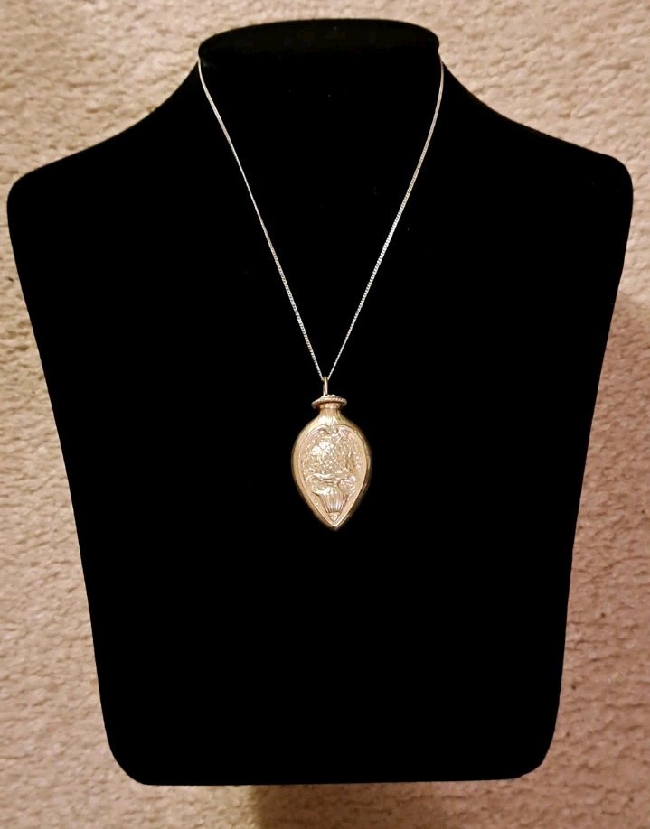 Antique Sterling Silver Perfume Bottle Necklace Floral Motif with Silver Chain