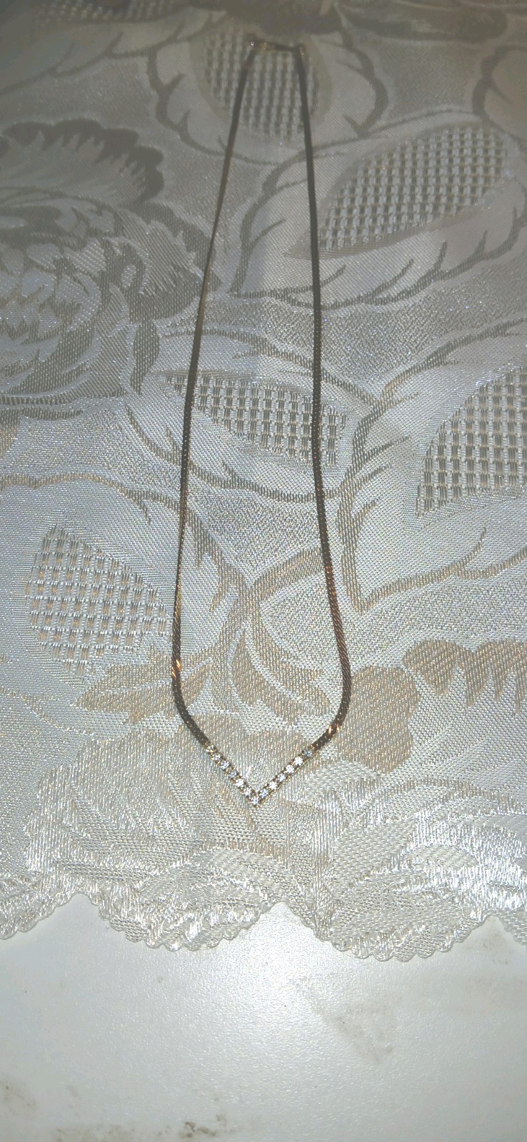 Vintage Tone Snake Chain Necklace V Crystal Charm Pendant, Spring Ring, Prong