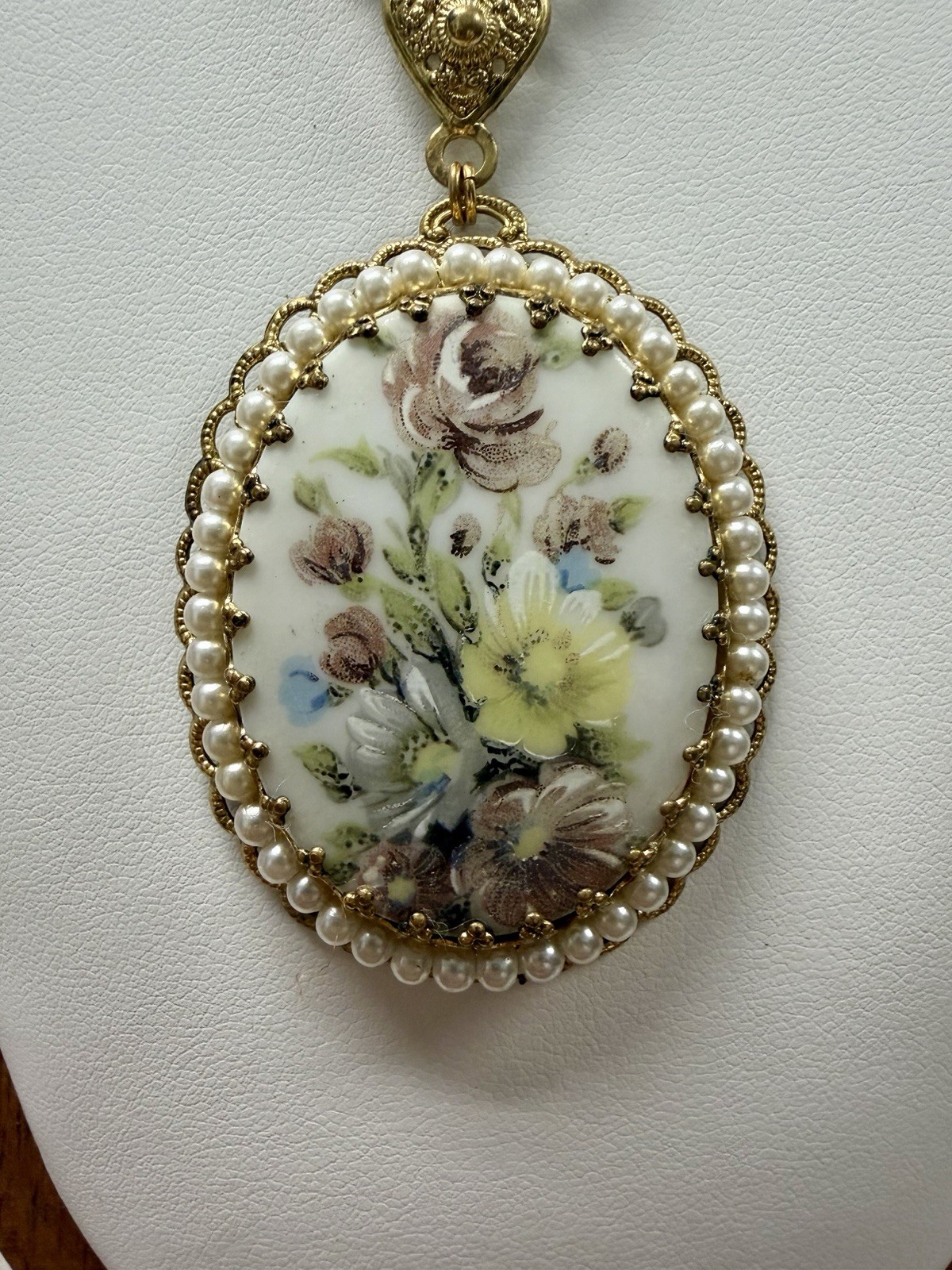 Vintage West Germany Painted Porcelain Floral Pendant 15”