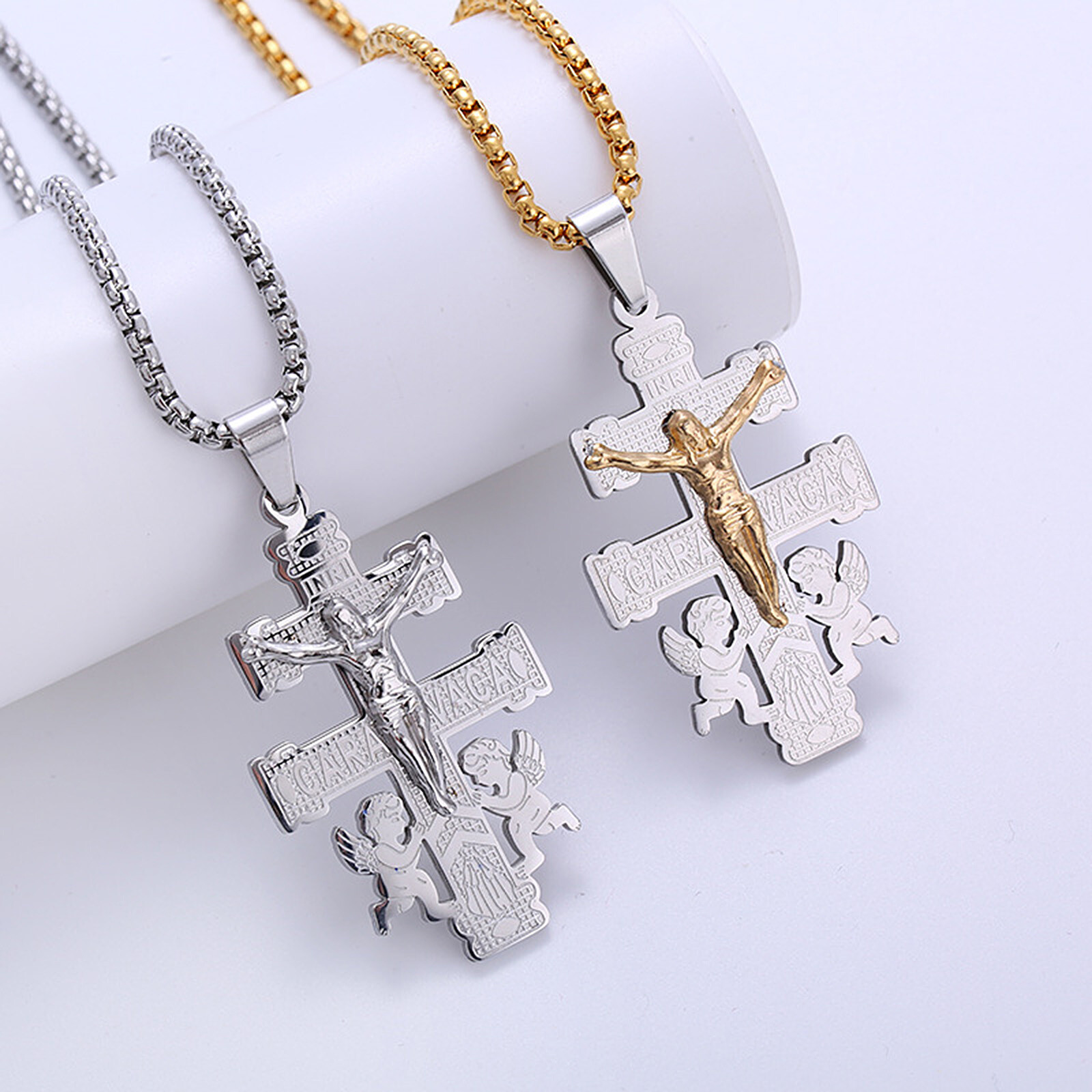Mens Boys Stainless Steel Caravaca Double Cross Angels Crucifix Pendant Necklace