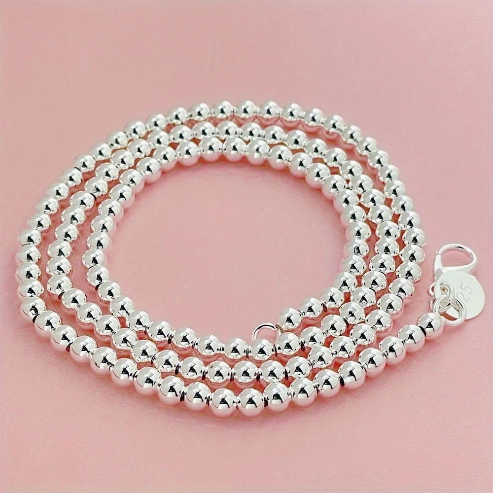Elegant 925 Sterling Silver 4mm Hollow Ball Beaded Chain Necklace For Man Women