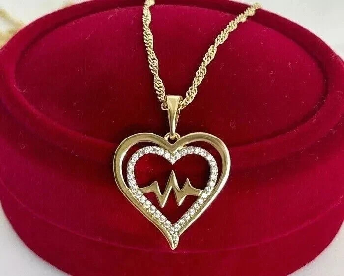 Women Heart Pendant Necklace Round Cut Simulated Diamond 14K Yellow Gold Plated