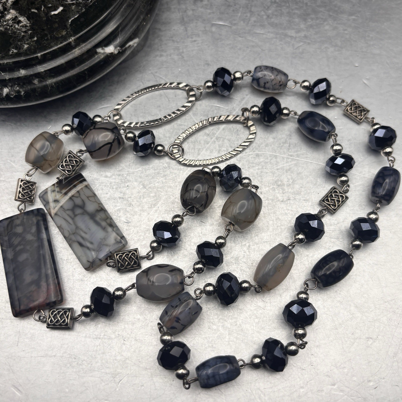 Vintage Boho Long Silver Chain Necklace Mixed Grey Black Agate Stone Beads 32”
