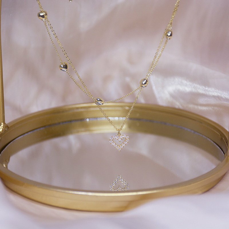 Gold Plated Double Layer Necklace Zircon Women Choker Chain Party Heart Pendant