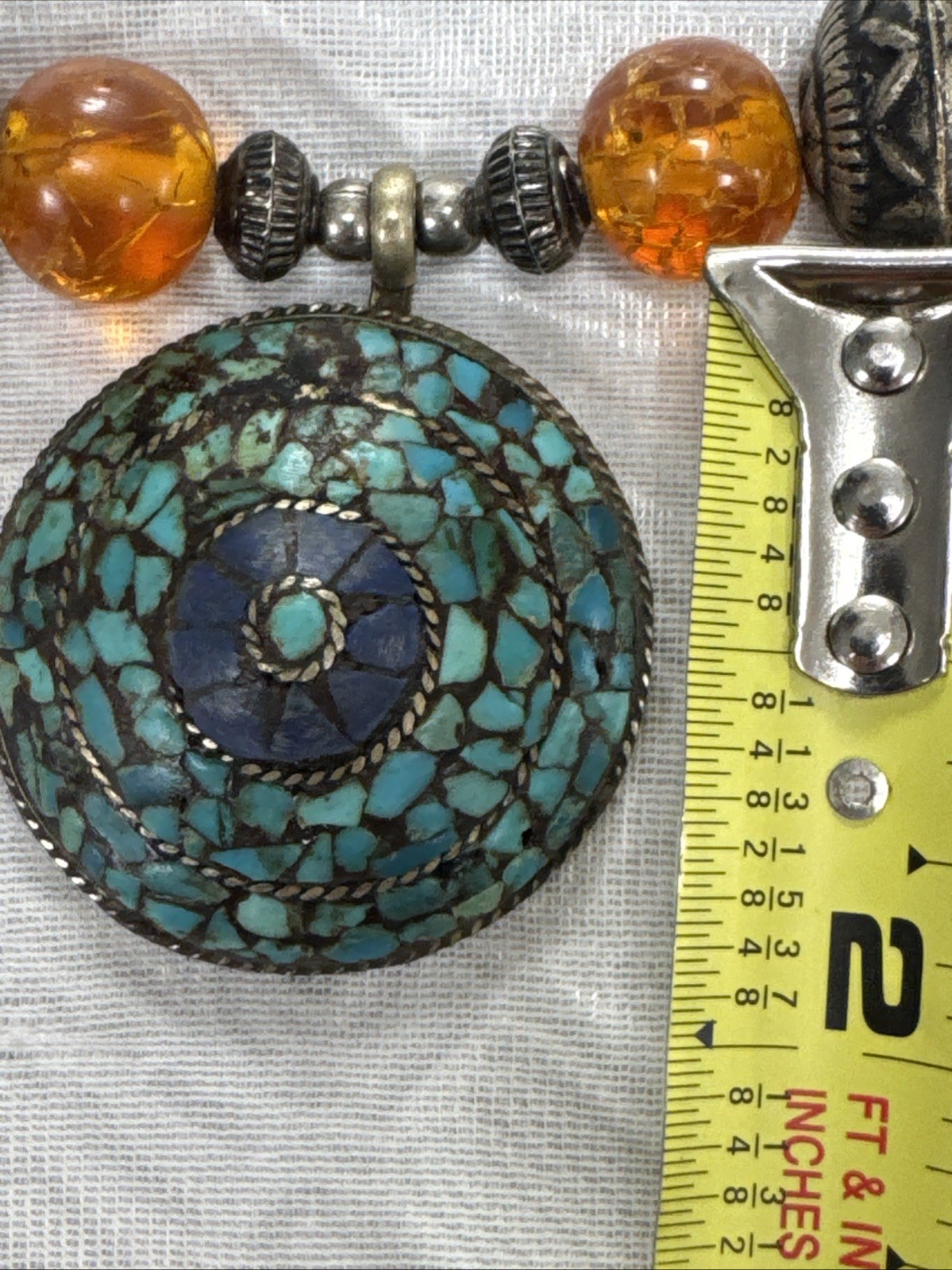 Vintage Bohemian Multi Color Necklace Tibetan Resin Amber with Turquoise Pendant