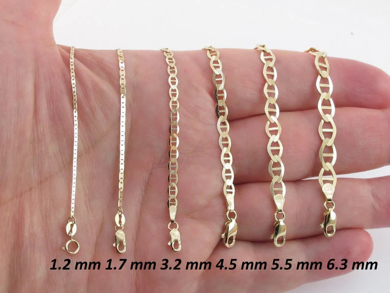 Solid 14K Yellow Gold Mariner Link Chain Necklace, 1.2mm To 6.3mm Wide