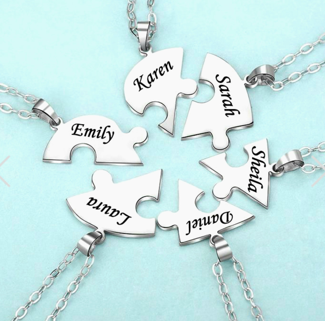 Personalized Puzzle Heart Necklace Custom Engraved BFF Family Birthday Gift Set