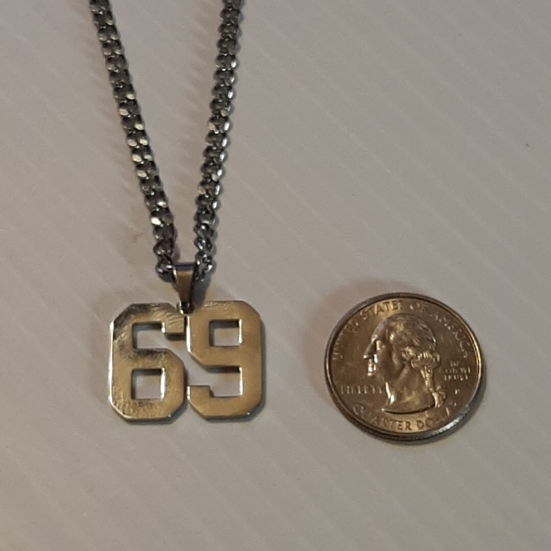 #69 BASEBALL FOOTBALL NUMBER Pendant Charm / 20″-24″ STAINLESS CHAIN NECKLACE