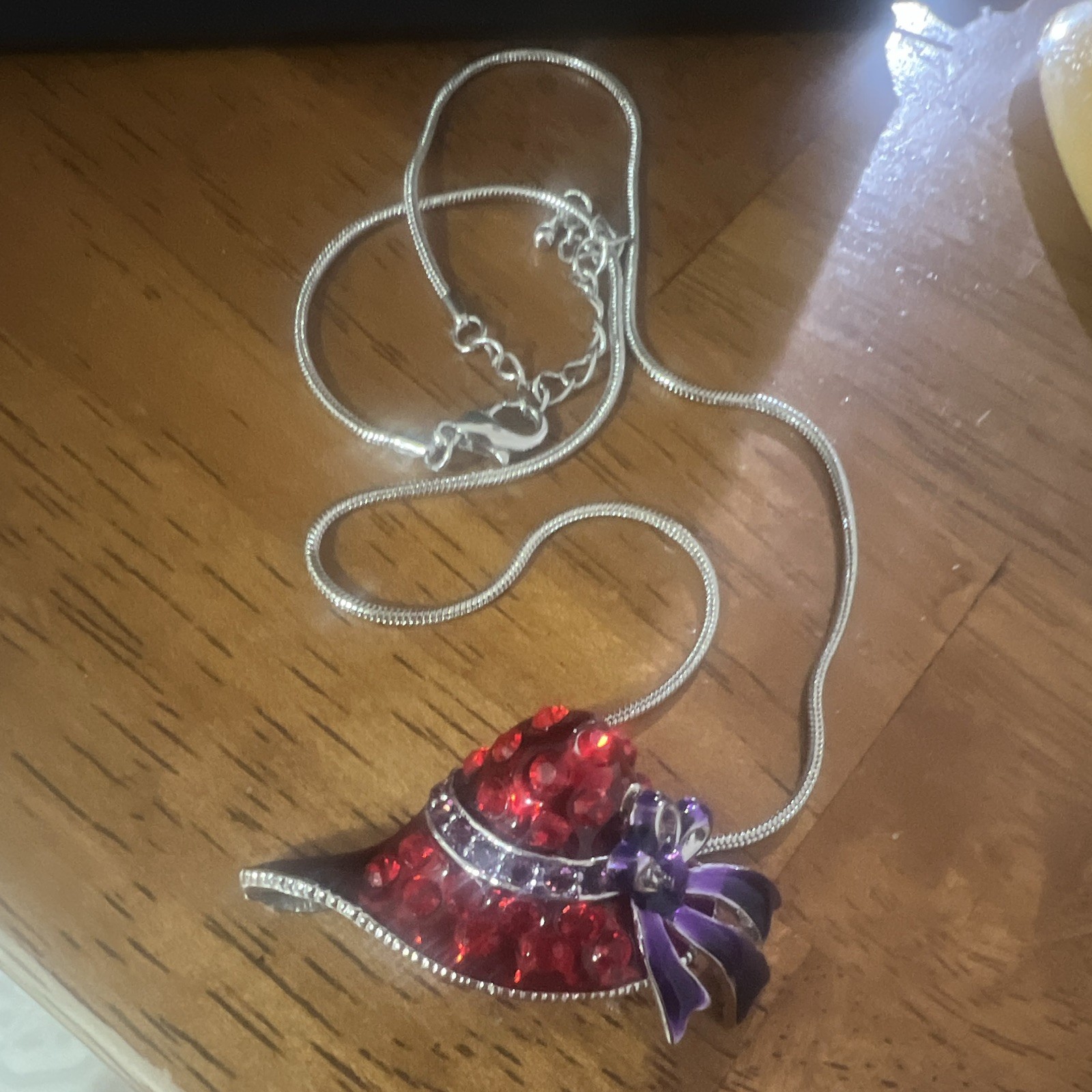 Silver Tone Snake Chain Necklace Red Crystal Hat Pendant Purple Enamel Bow