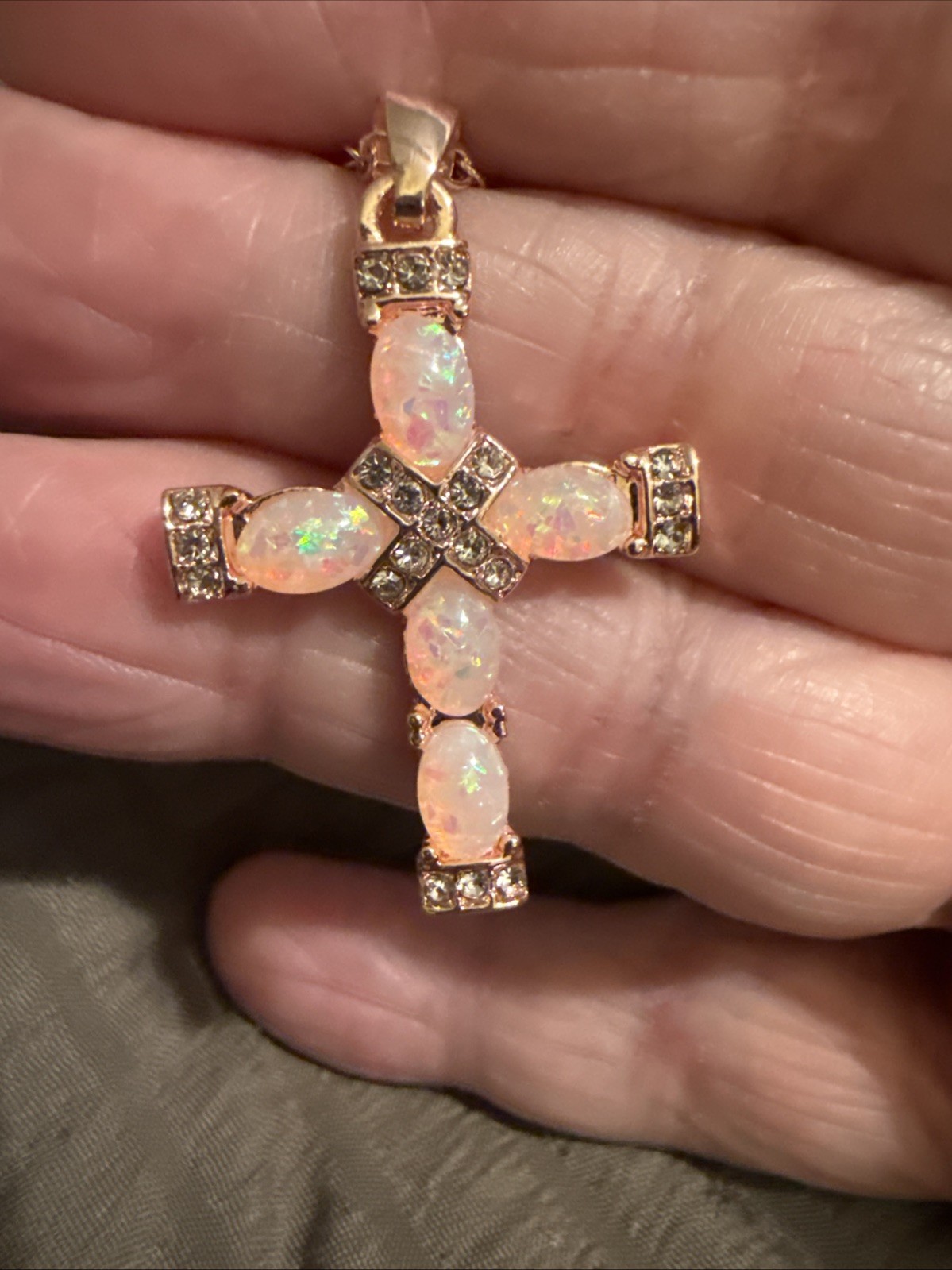 Rose Golden Hip Hop Pinkish Blue Glass Stones Cross Necklace W/rhinestones