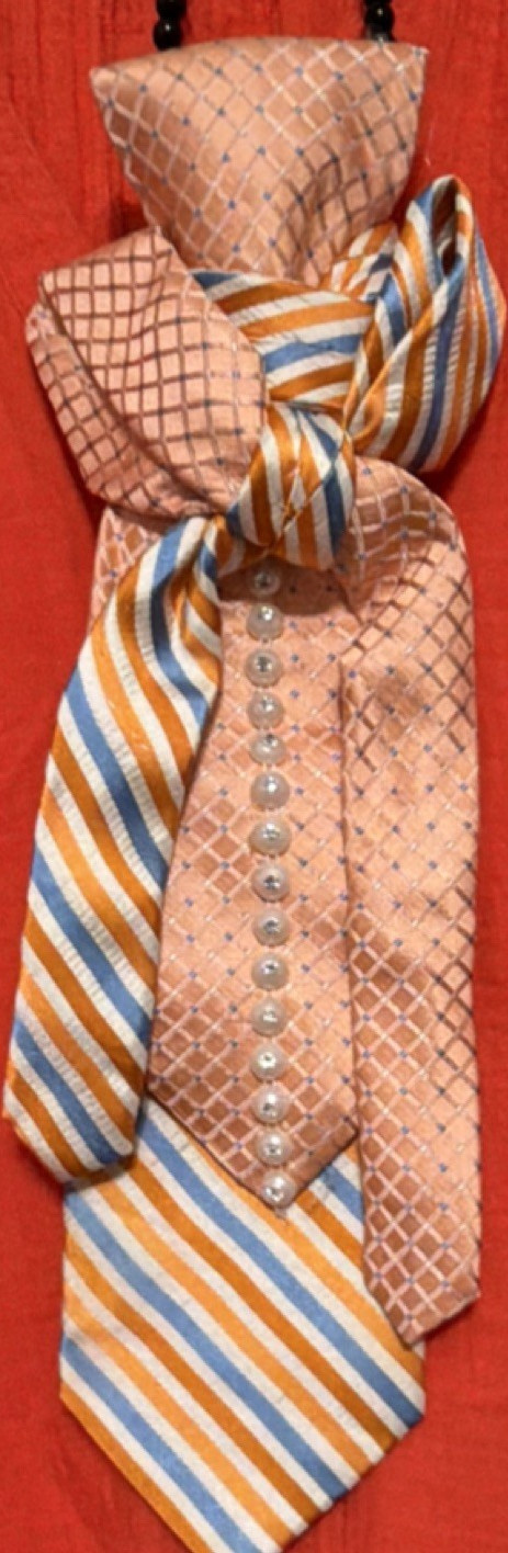 Women’s Jewerly Tie Peach Orange Blue Geometric Striped designwith Button Accent