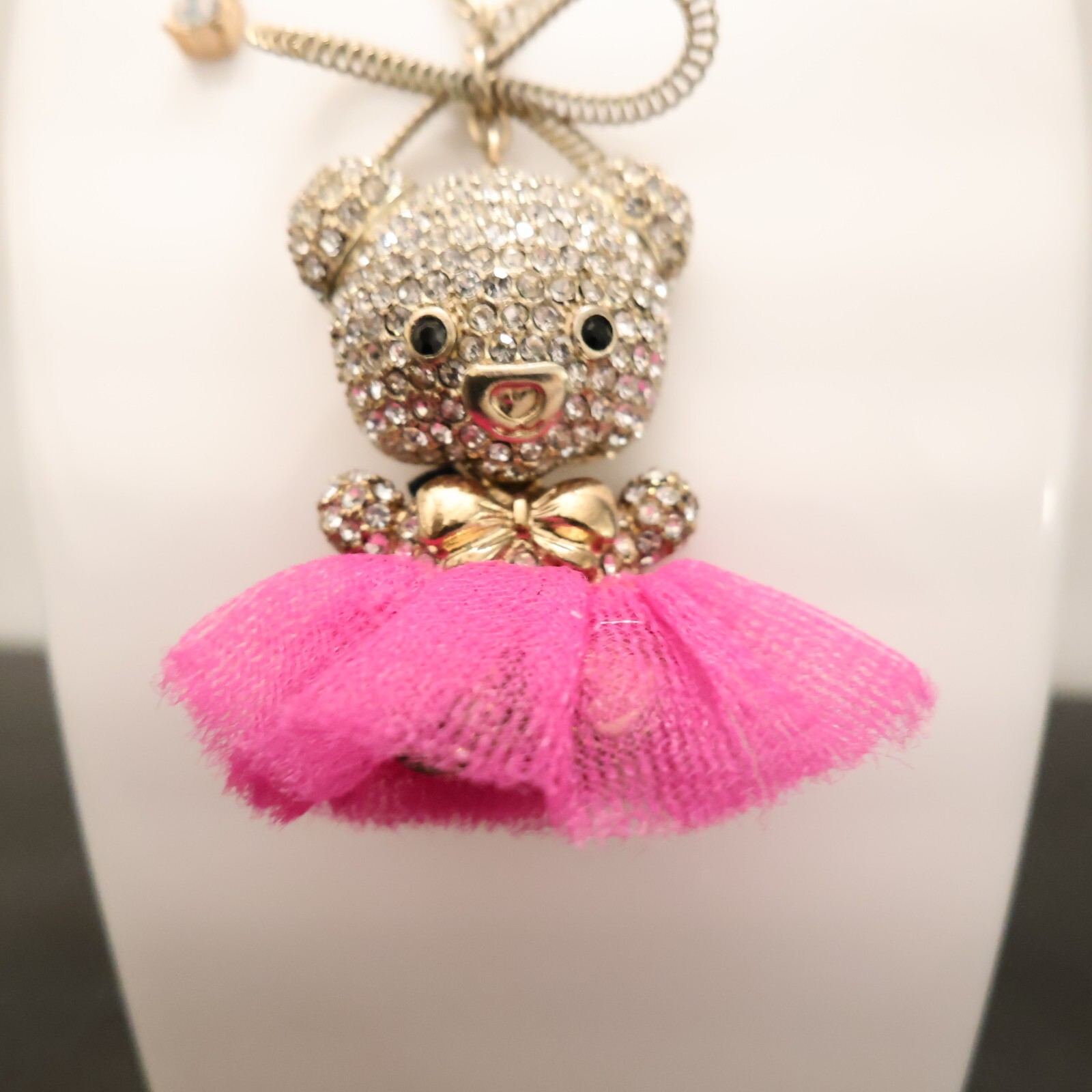 Betsey Johnson necklace teddy bear in ballerina costume magenta pink tutu signed