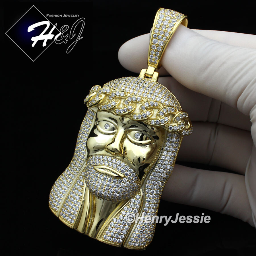 MEN 925 STERLING SILVER ICY BLING CZ OVERSIZE GOLD PLATED 3D JESUS PENDANT*GP242
