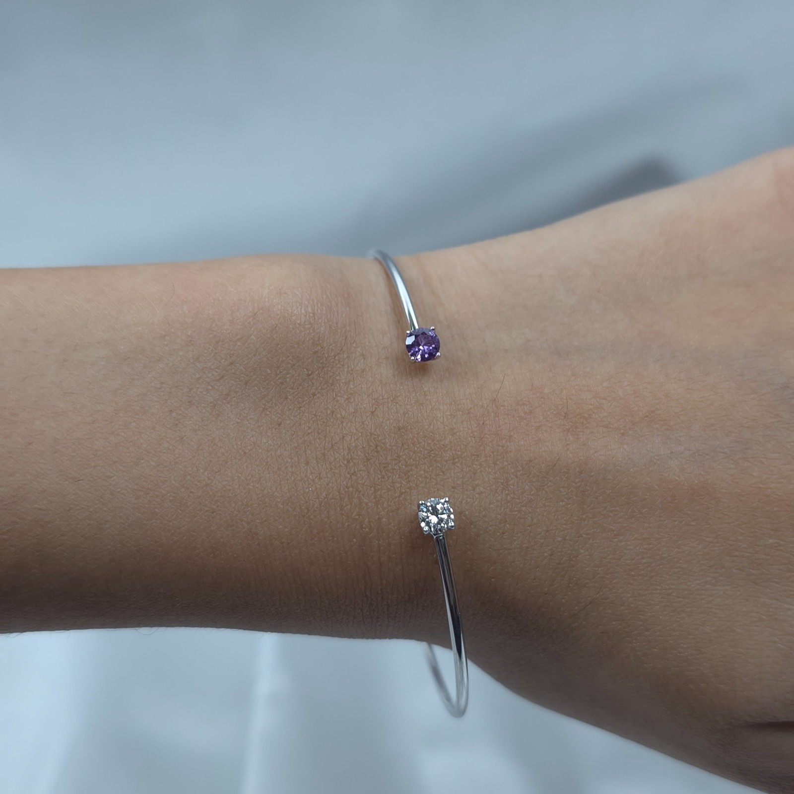 14Kt Gold Alexandrite and Lab Grown Diamond Open Cuff Bangle