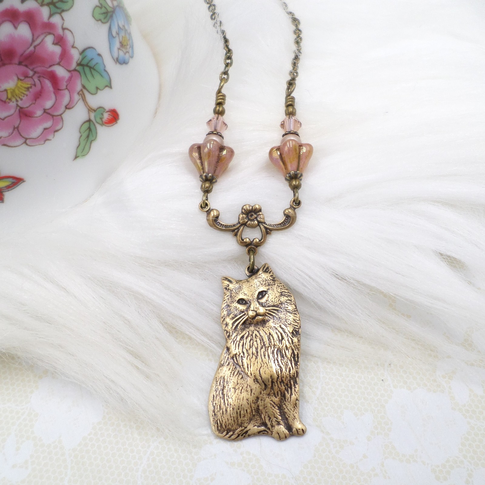 Vintage Style Cat Necklace with Pink Czech Glass Flowers, Antique Brass Handmade
