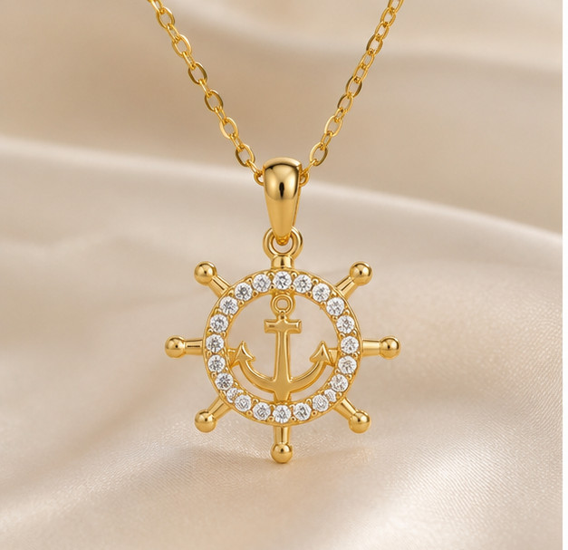1.25Ct Simulated Diamond Anchor Wheel Pendant Necklace 14K Yellow Gold Plated