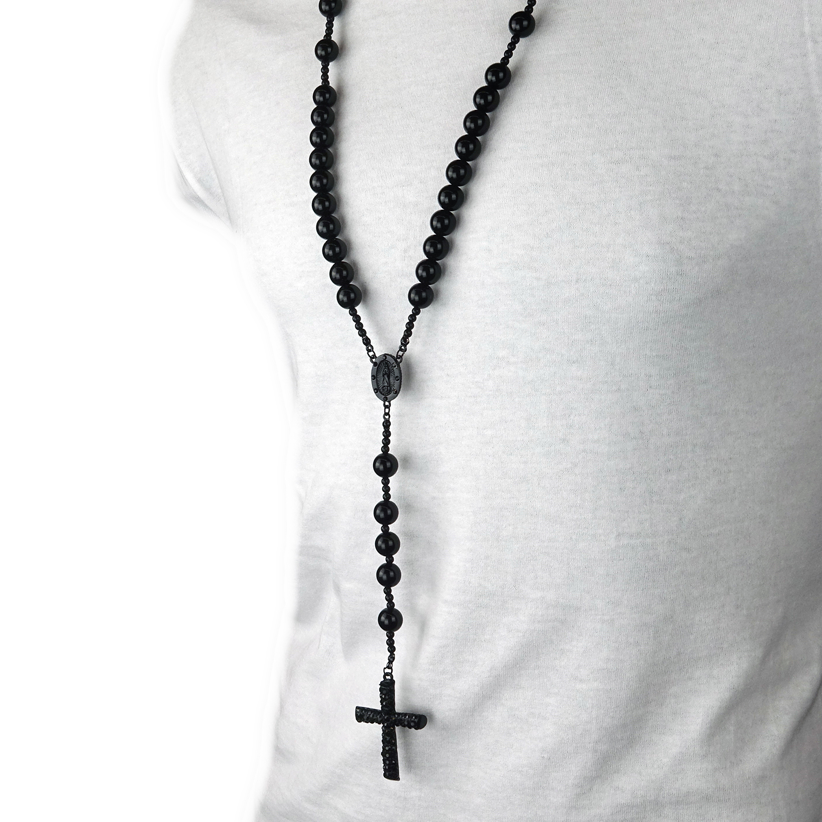 Men’s Hip Hop 15mm BLACK Beads Cubic-Zirconia Guadalupe Rosary & Jesus Cross BK