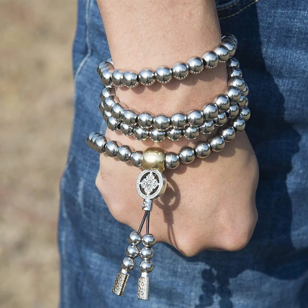 Stainless Steel Buddha Beads Necklace & Destiny Nepal Prayer Hand Bracelet Combo