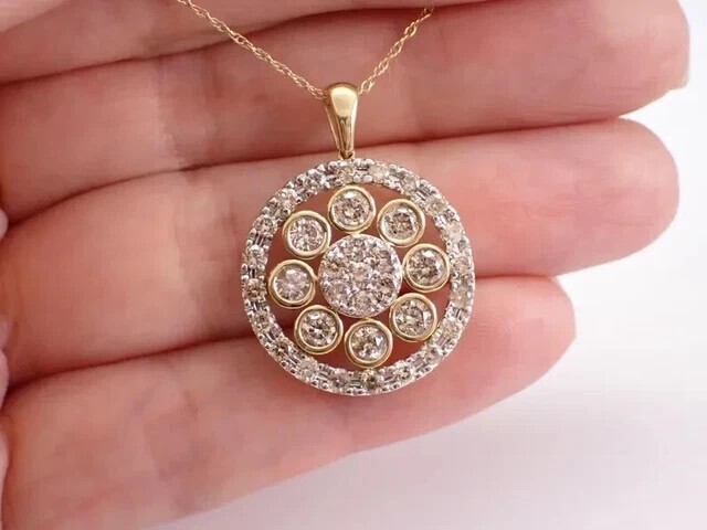 Circle Shape Silver Pendant Round Cut Simulated Diamond 14K Yellow Gold Plated