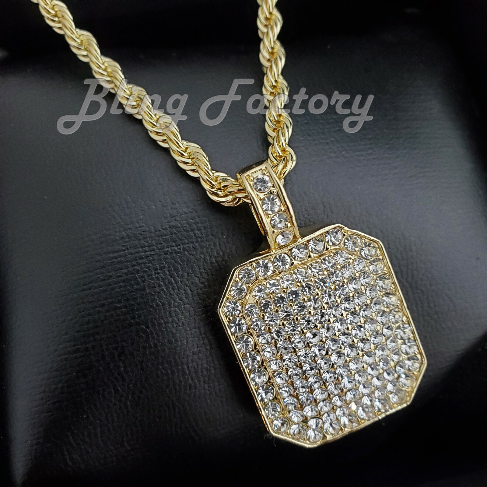 HIP HOP ICED SQUARE DOG TAG CUBIC ZIRCONIA PENDANT & ROPE CHAIN BLING NECKLACE
