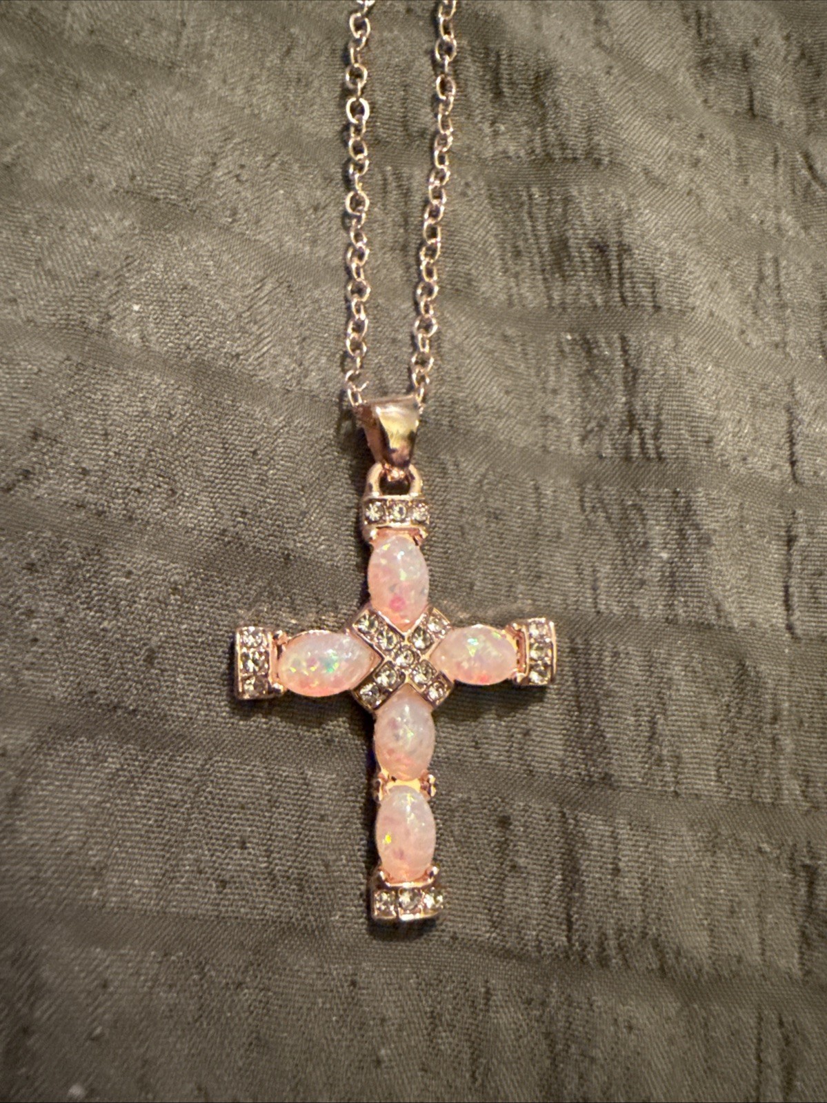 Rose Golden Hip Hop Pinkish Blue Glass Stones Cross Necklace W/rhinestones