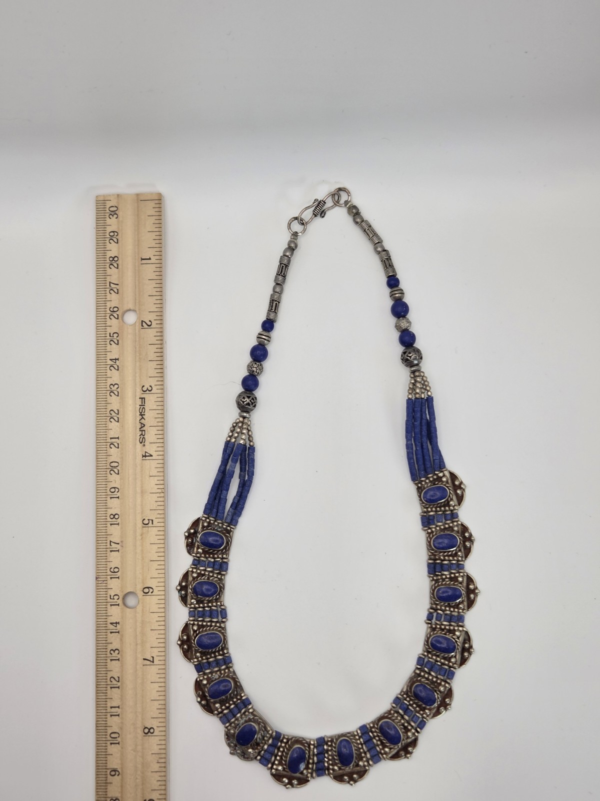 Tibetan-style handcrafted necklace from Nepal features vibrant lapis lazuli