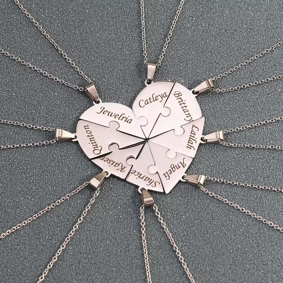 Personalized Puzzle Heart Necklace Custom Engraved BFF Family Birthday Gift Set