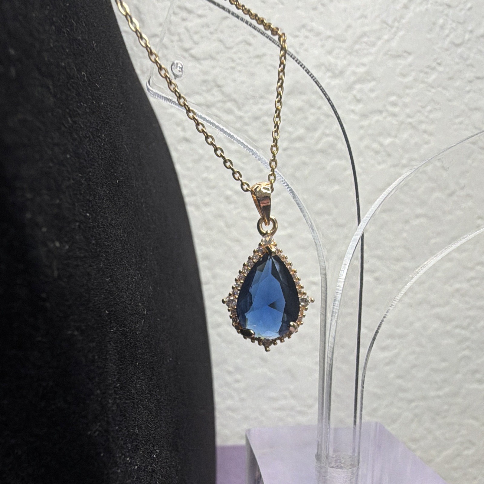 14k Gold Plated Chain Necklace Spring Ring Teardrop Blue Stone Prong Pendant