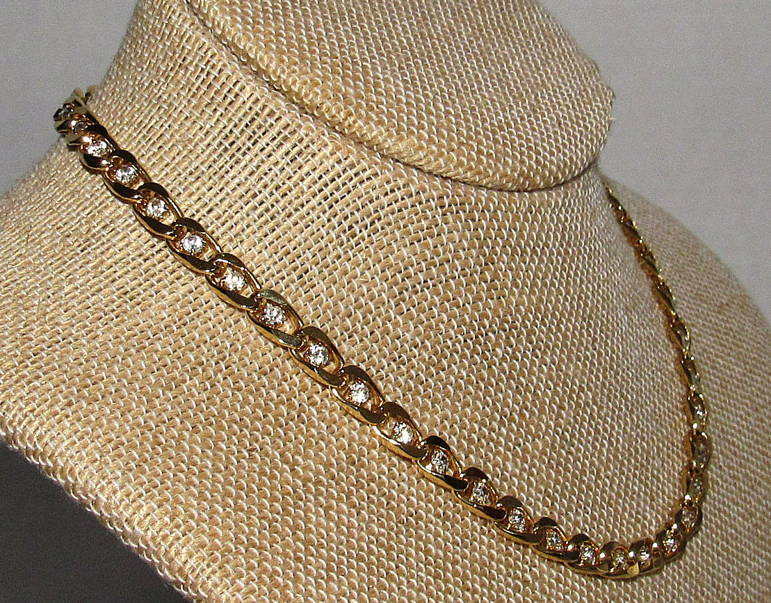 Flat Curb Link Chain Necklace Clear Rhinestones Gold Tone Choker