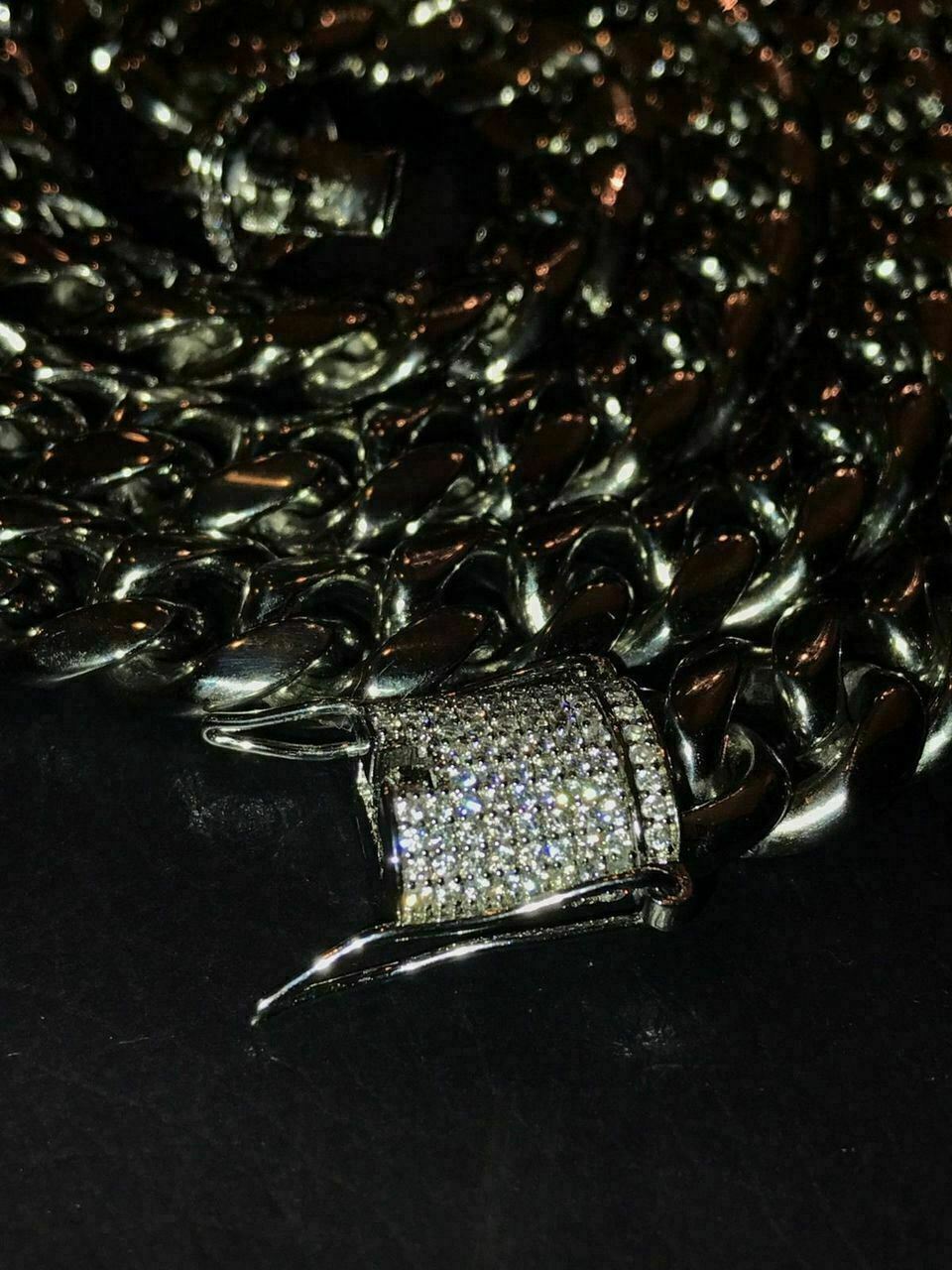 Cuban Miami Silver Bracelet & Chain Set Stainless Steel 925 Simulated Diamond