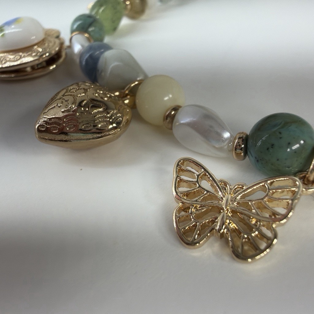 Multicolor Beaded Charm Necklace Heart Locket Pendant Butterfly Western Theme