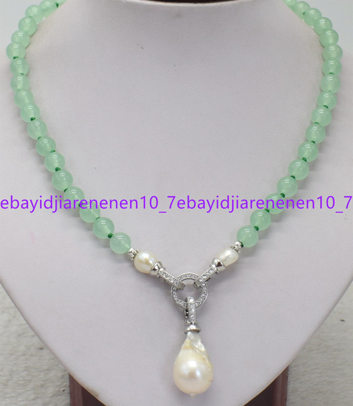 Natural 8/10/12mm Light Green Jade&White Baroque Pearl Pendant Necklace 16-28 in