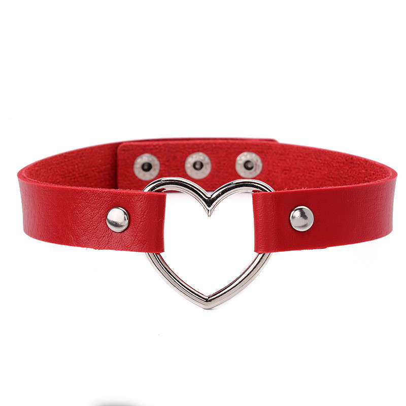 Heart Choker Necklace Faux Leather Collar Black Pink Adjustable Rivet Chocker