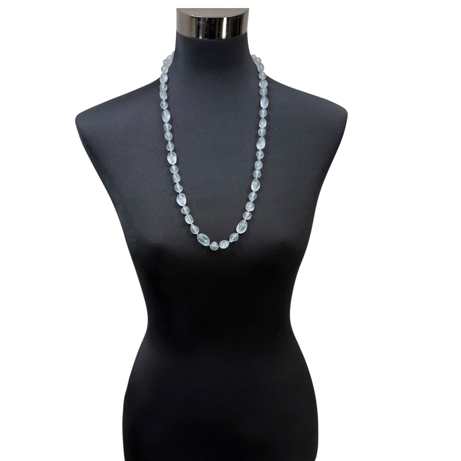 Blue Frosted Acrylic Beaded Statement Necklace Long Strand Fashion Jewelry 15 in