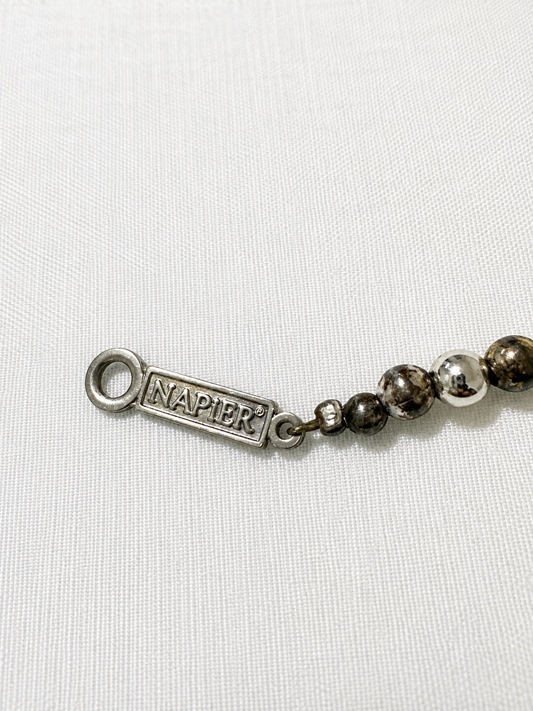 Napier Signed Silver Tone Black Beaded Ball Chain Necklace Cross Charm Pendant