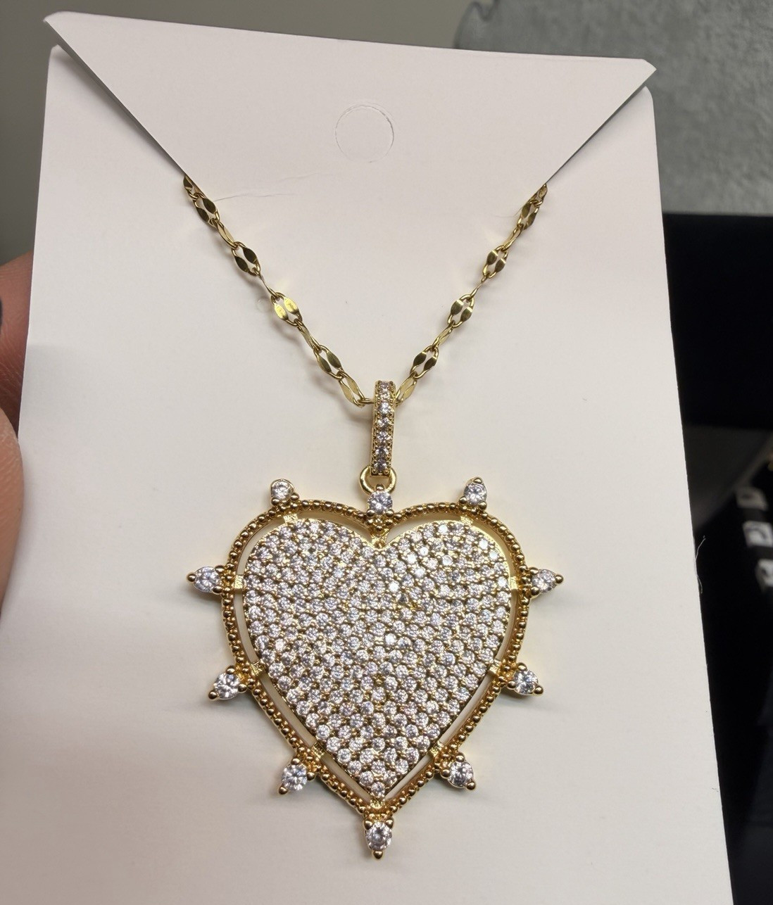 Gold Plated Pavé CZ Heart Charm Pendant Cable Chain Necklace