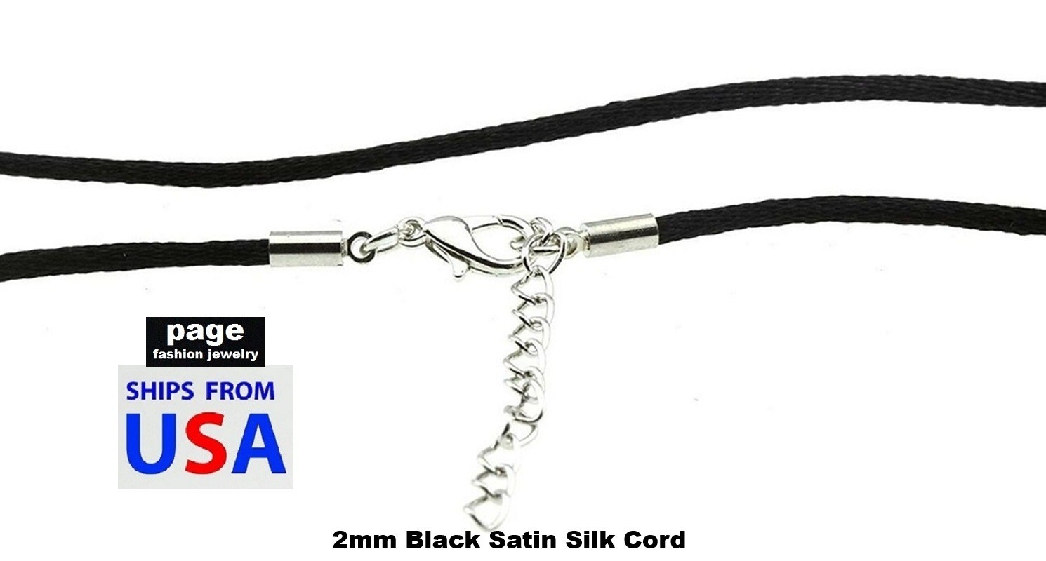 1pc Black Satin Silk Cord Necklace 2mm 18″ 20″ 24″ + 2″ Extension- Lobster Clasp